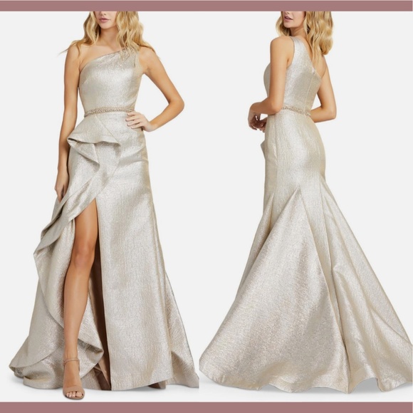 NWT‎ 598 Mac Duggal [ 0 ] One Shoulder Metallic Ruffle Evening Gown Oyster - Picture 1 of 16